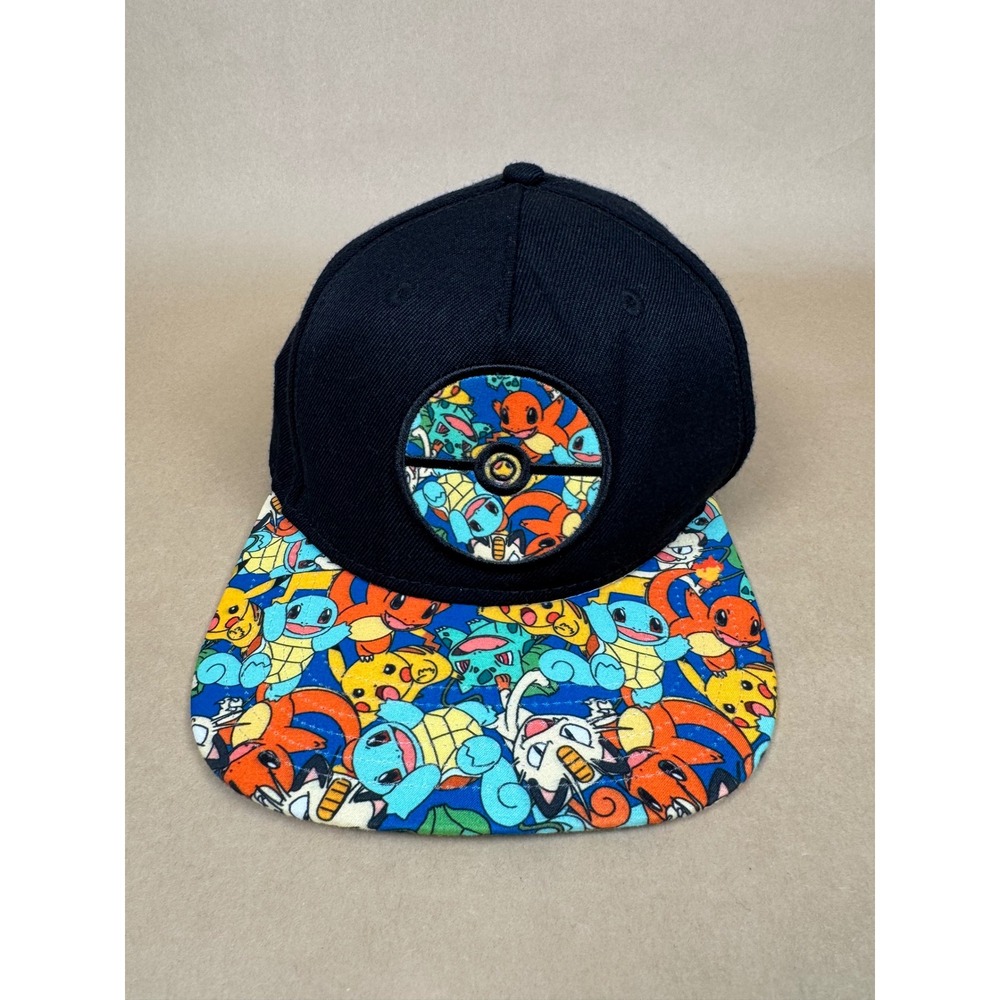 Pokemon Snapback Hat Mens Black Pikachu Squirtle Charmander Print Flat Brim Cap